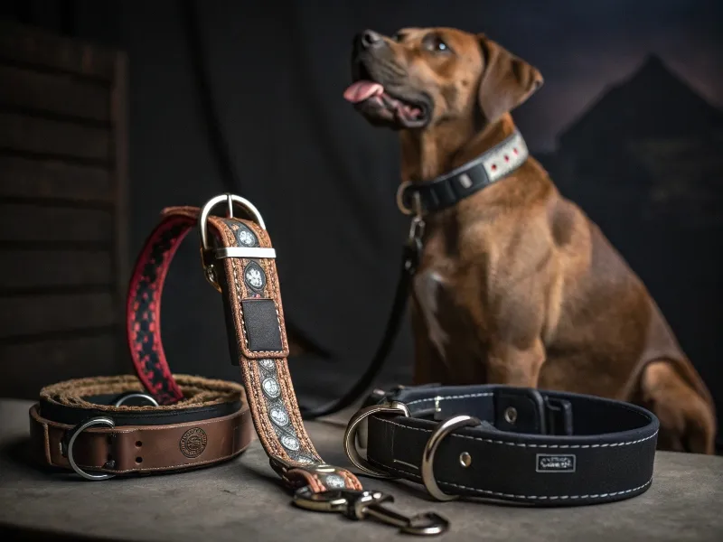 image d'un chien en arrière plan avec des colliers robuste en cuir