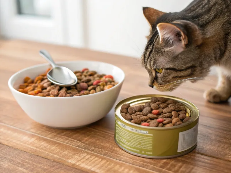 chats qui hésite entre la patée et le croquettes